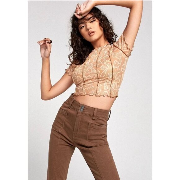 MOTEL Tinara Mushroom Print Neutral Crop Top Size Small NEW NWT - Picture 1 of 3
